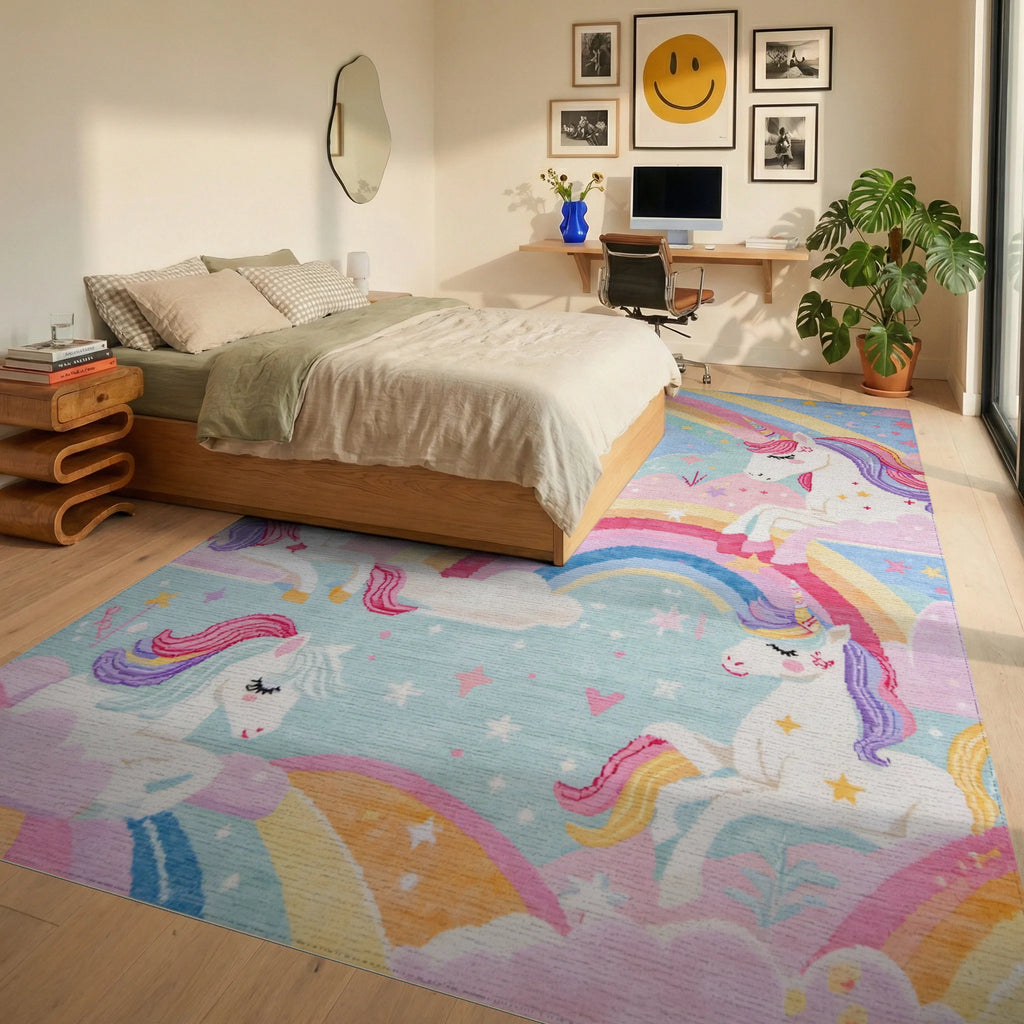 Whimsical Unicorn Rainbow Cloud Garden Rug - Bedroom View
