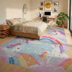 Whimsical Unicorn Rainbow Cloud Garden Rug - Bedroom View