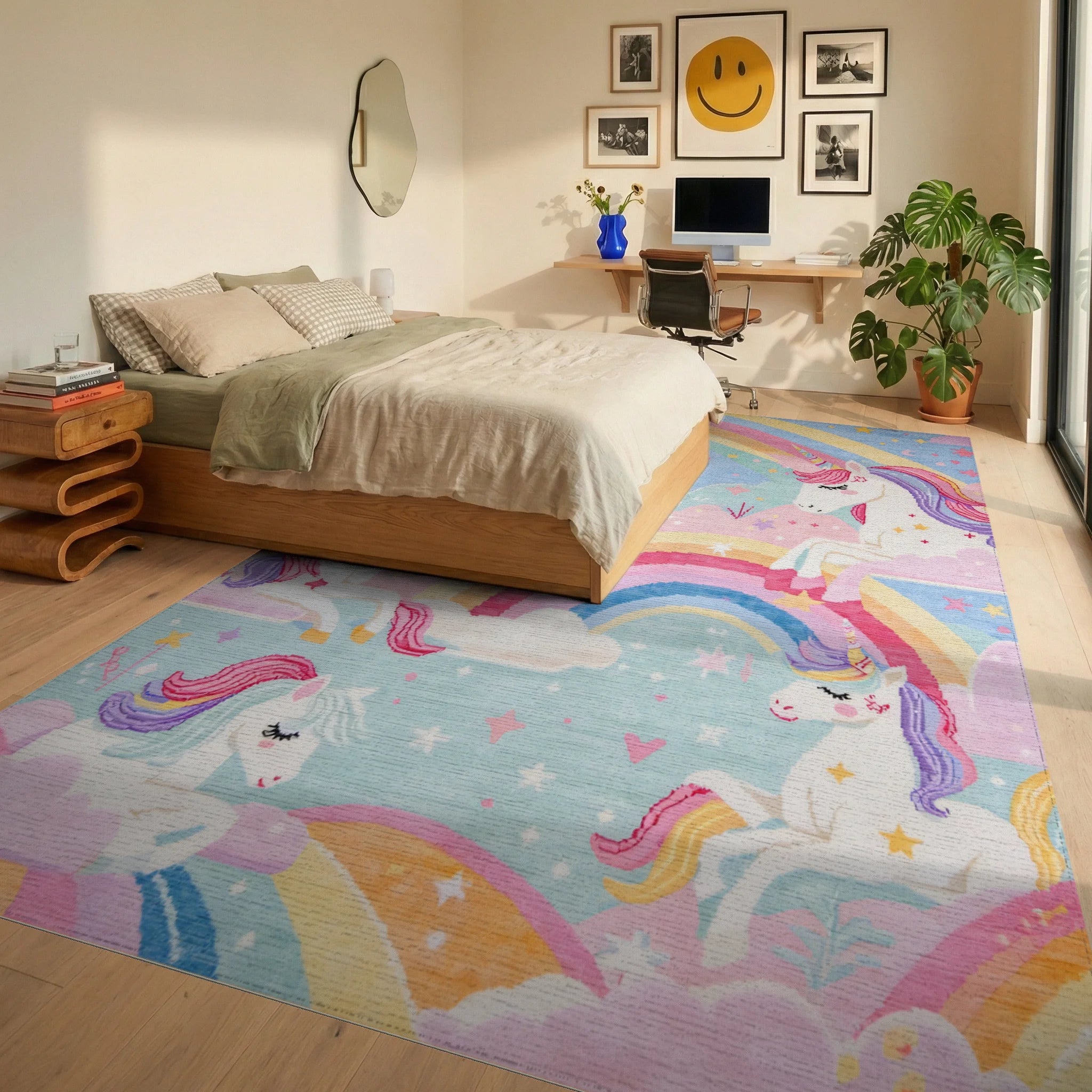 Whimsical Unicorn Rainbow Cloud Garden Rug - Bedroom View