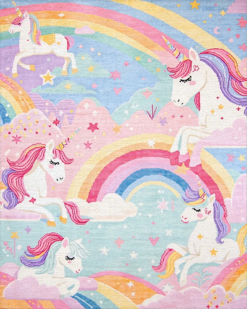 Whimsical Unicorn Rainbow Cloud Garden Rug - Cutout View