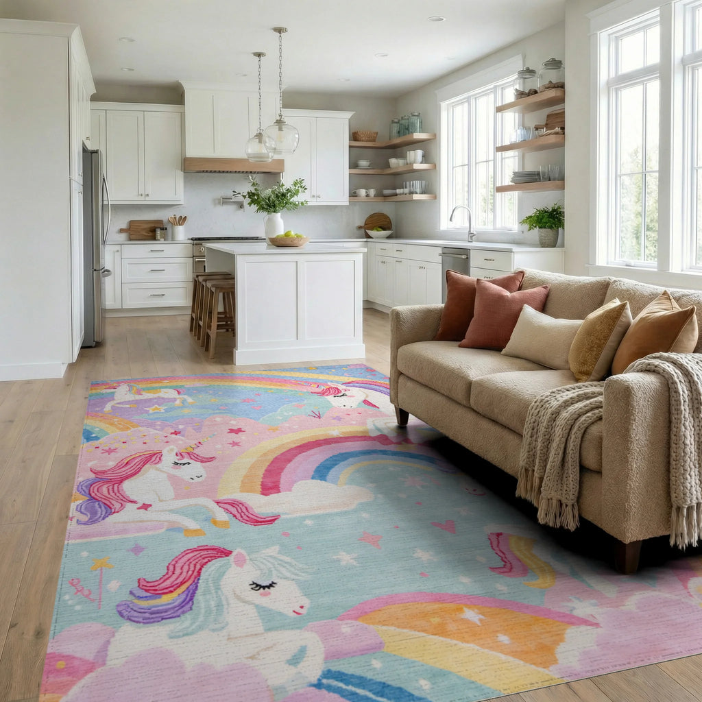 Whimsical Unicorn Rainbow Cloud Garden Rug - Living Room View