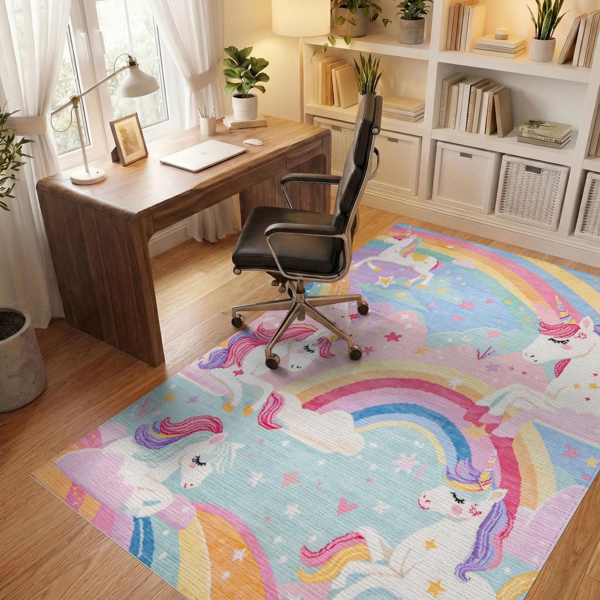Whimsical Unicorn Rainbow Cloud Garden Rug - Office View