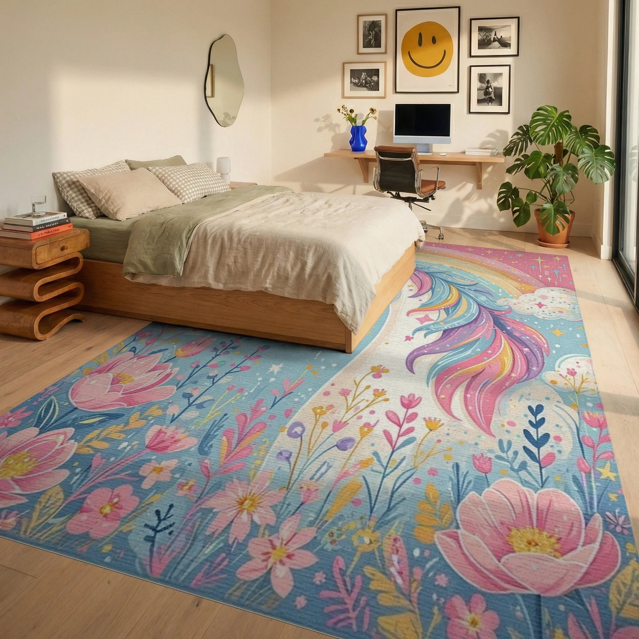 Whimsical Unicorn Rainbow Floral Rug - Bedroom View