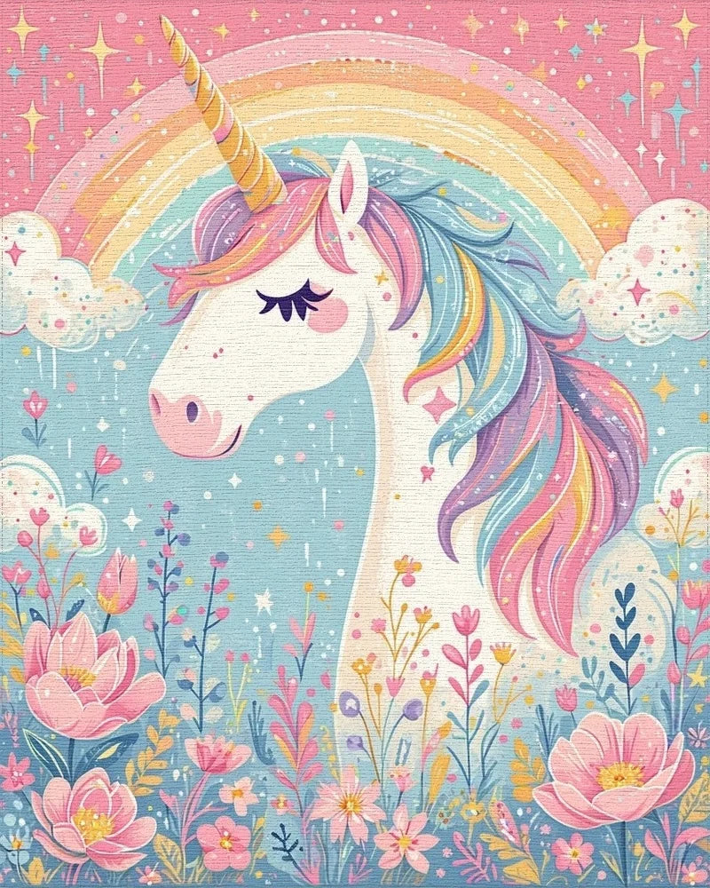 Whimsical Unicorn Rainbow Floral Rug - Cutout View