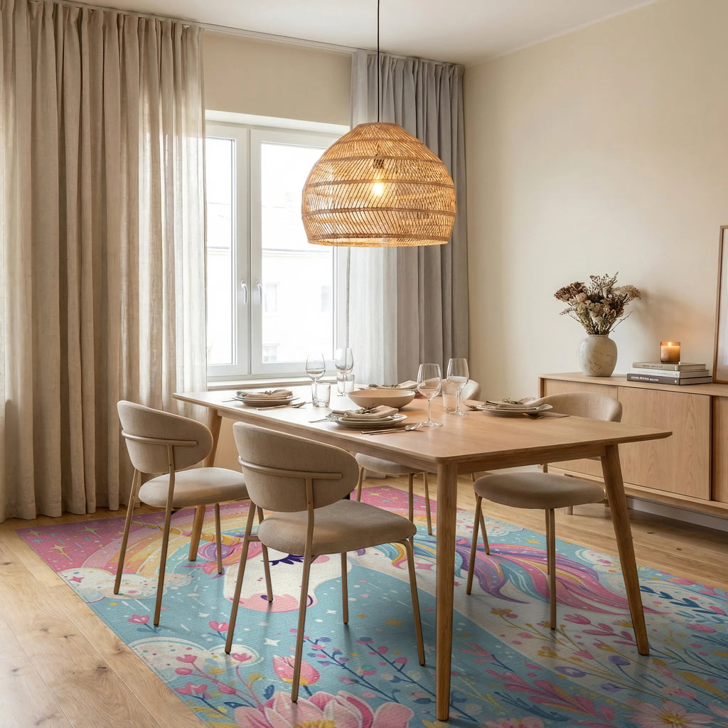 Whimsical Unicorn Rainbow Floral Rug - Dining Room View