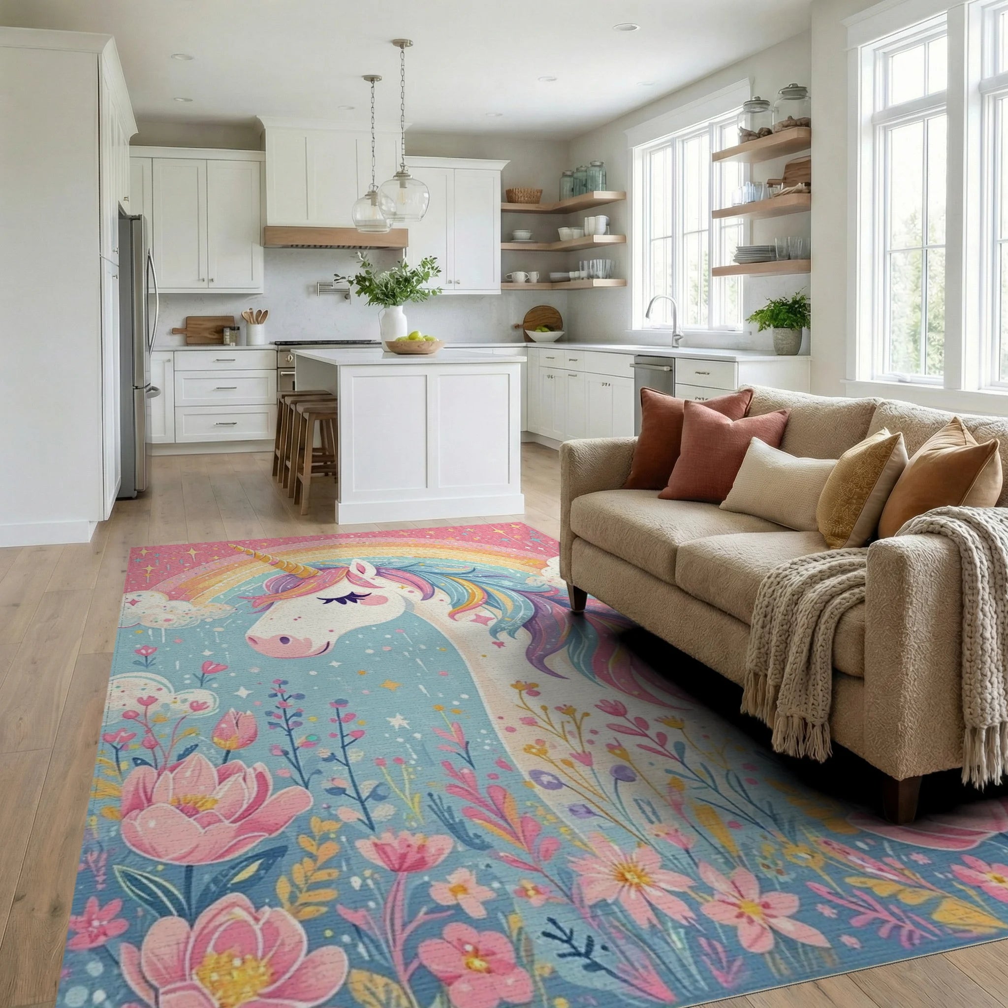 Whimsical Unicorn Rainbow Floral Rug - Living Room View