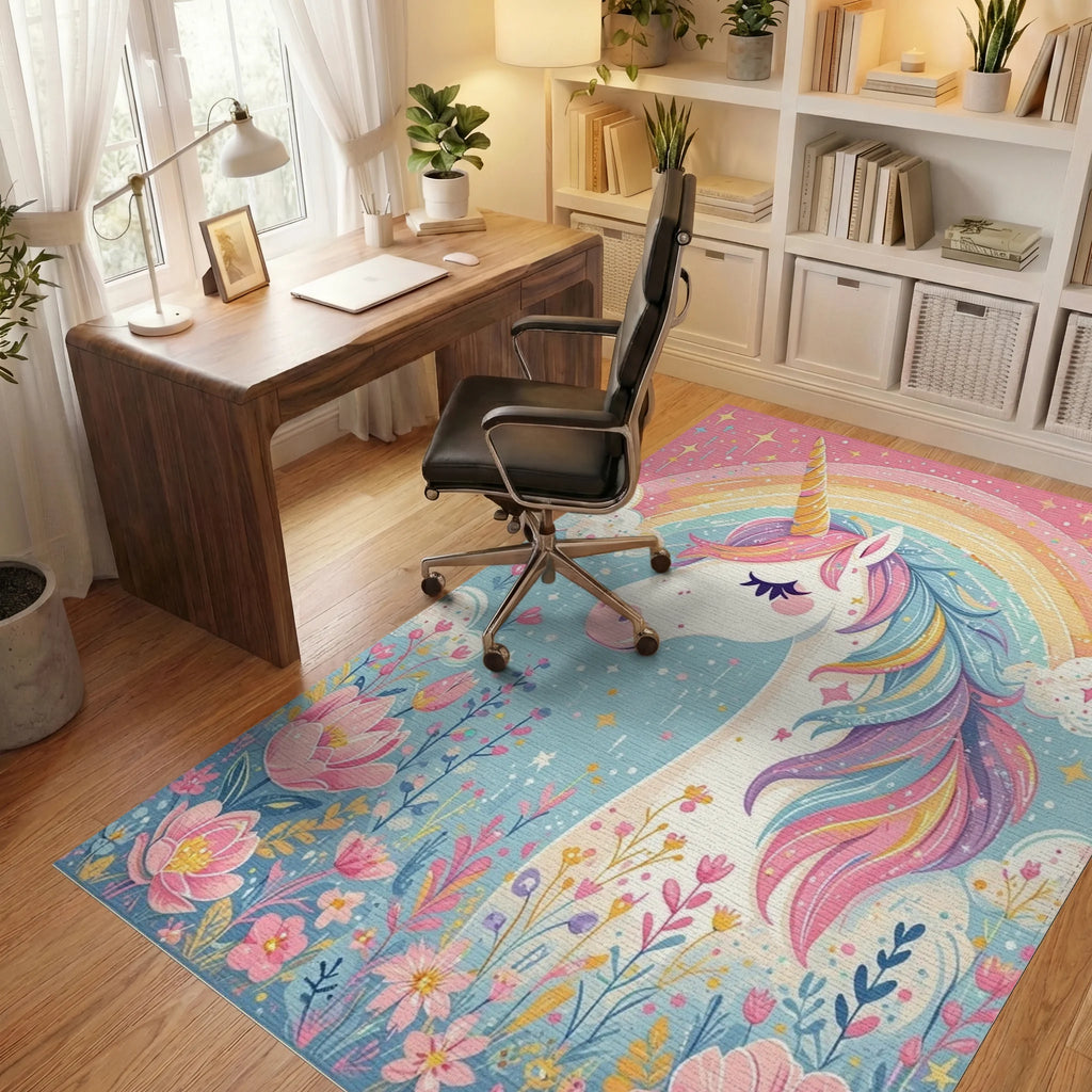 Whimsical Unicorn Rainbow Floral Rug - Office View