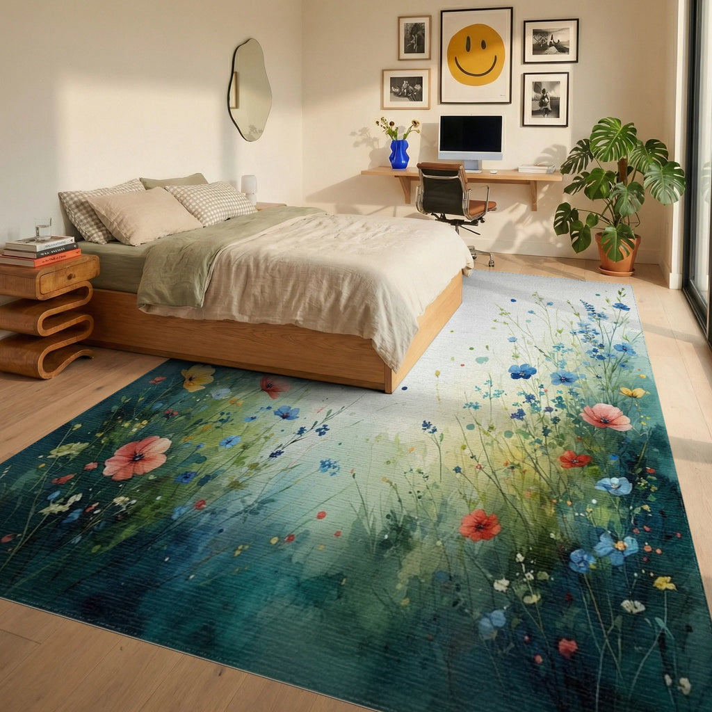 Whimsical Wildflower Meadow Watercolor Design Rug - Bedroom View
