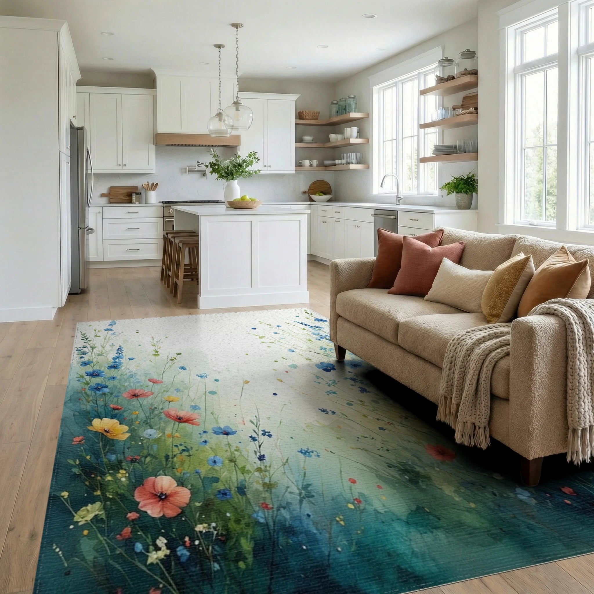 Whimsical Wildflower Meadow Watercolor Design Rug - Living Room View