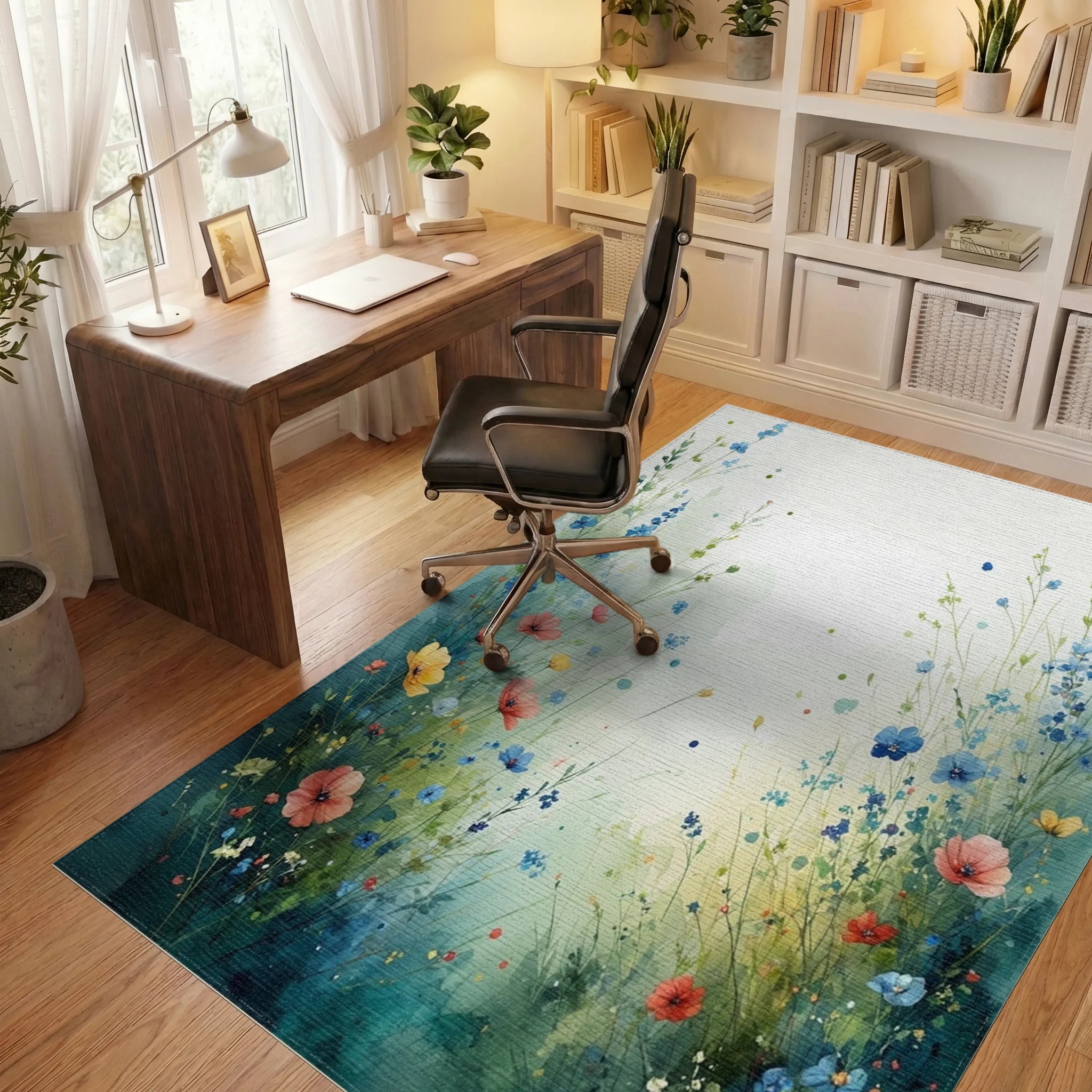 Whimsical Wildflower Meadow Watercolor Design Rug - Office View