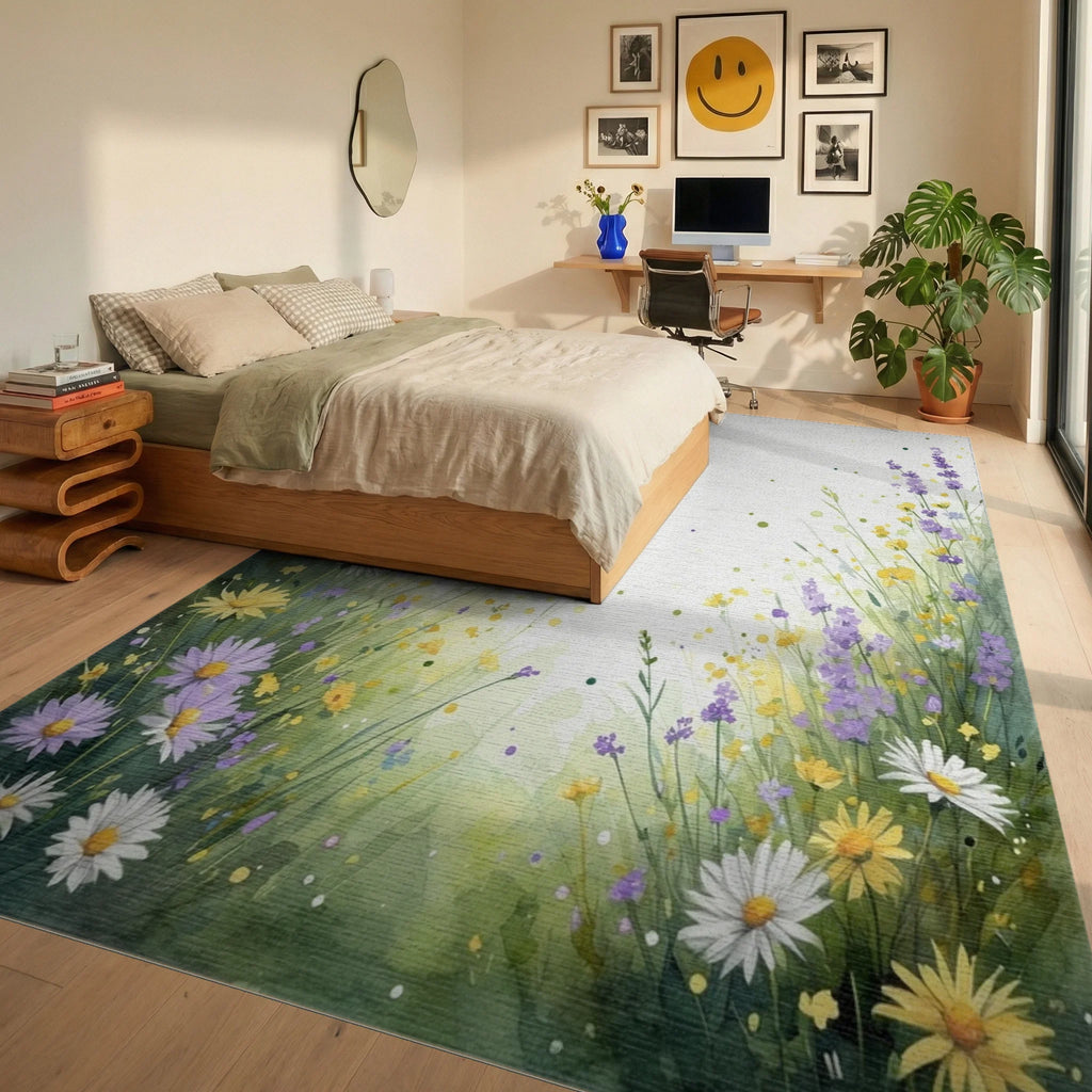 Whimsical Wildflower Meadow Watercolor Rug Bedroom View