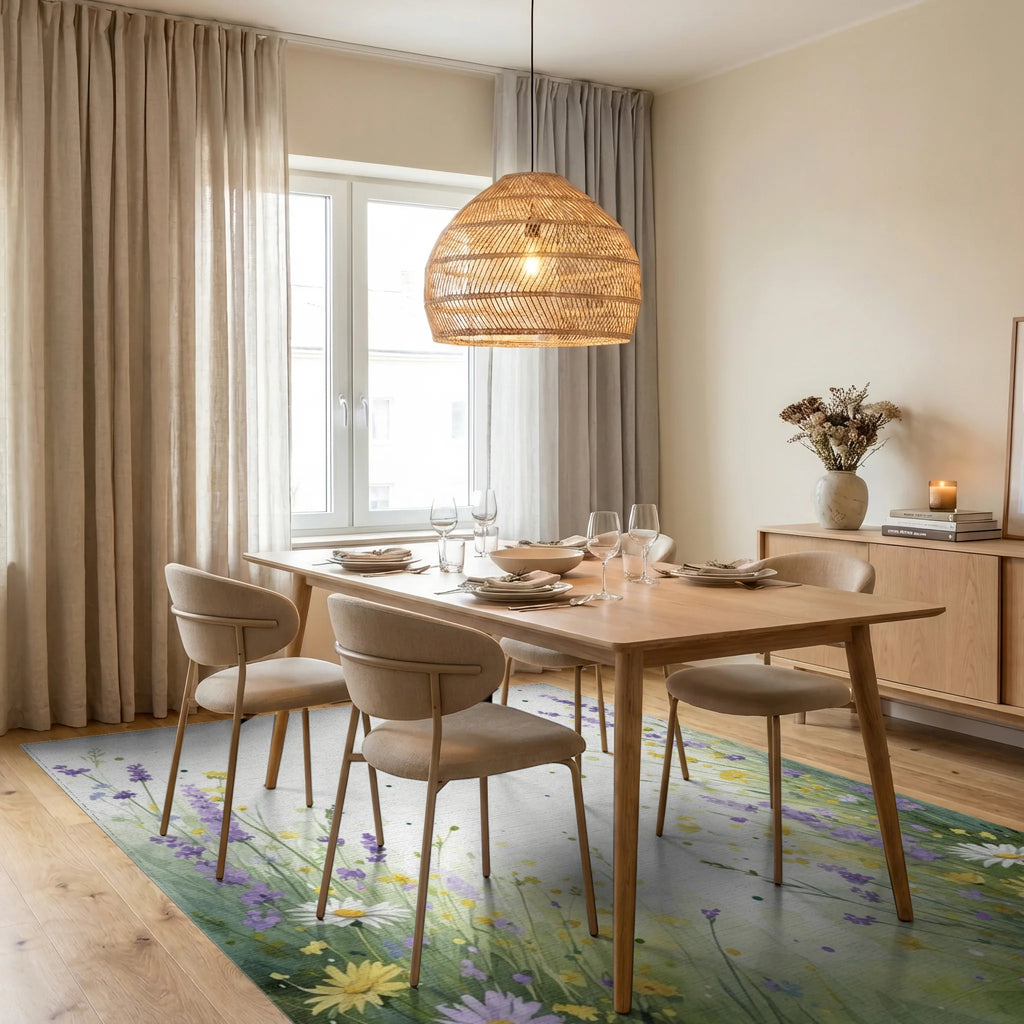 Whimsical Wildflower Meadow Watercolor Rug Dining Room View