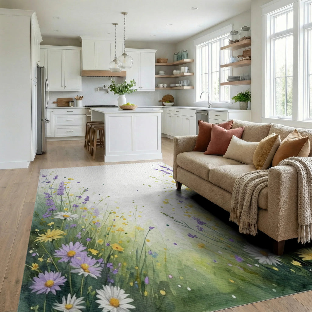 Whimsical Wildflower Meadow Watercolor Rug Living Room View