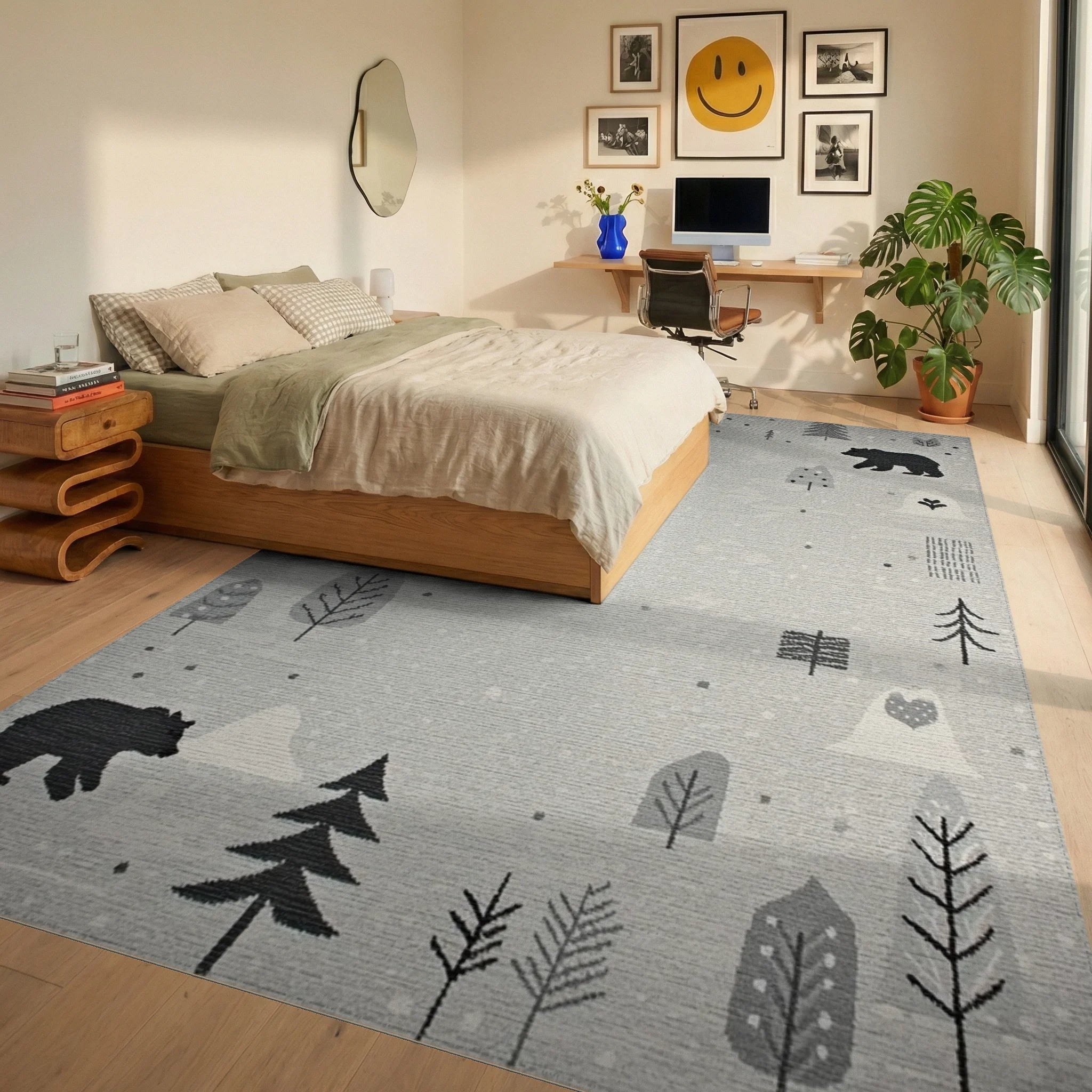 Whimsical Woodland Bear Forest Scene Rug - Bedroom View