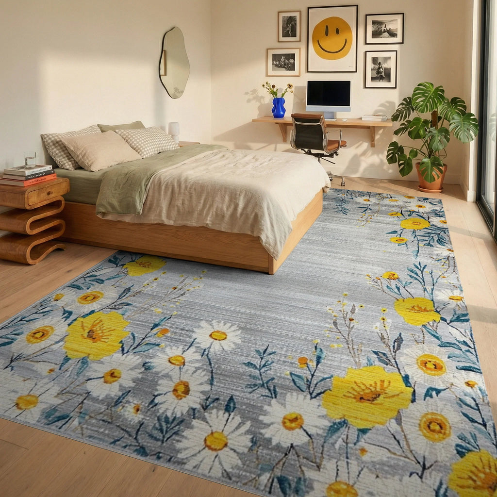Whimsical Yellow Daisy Meadow Rug - Bedroom View