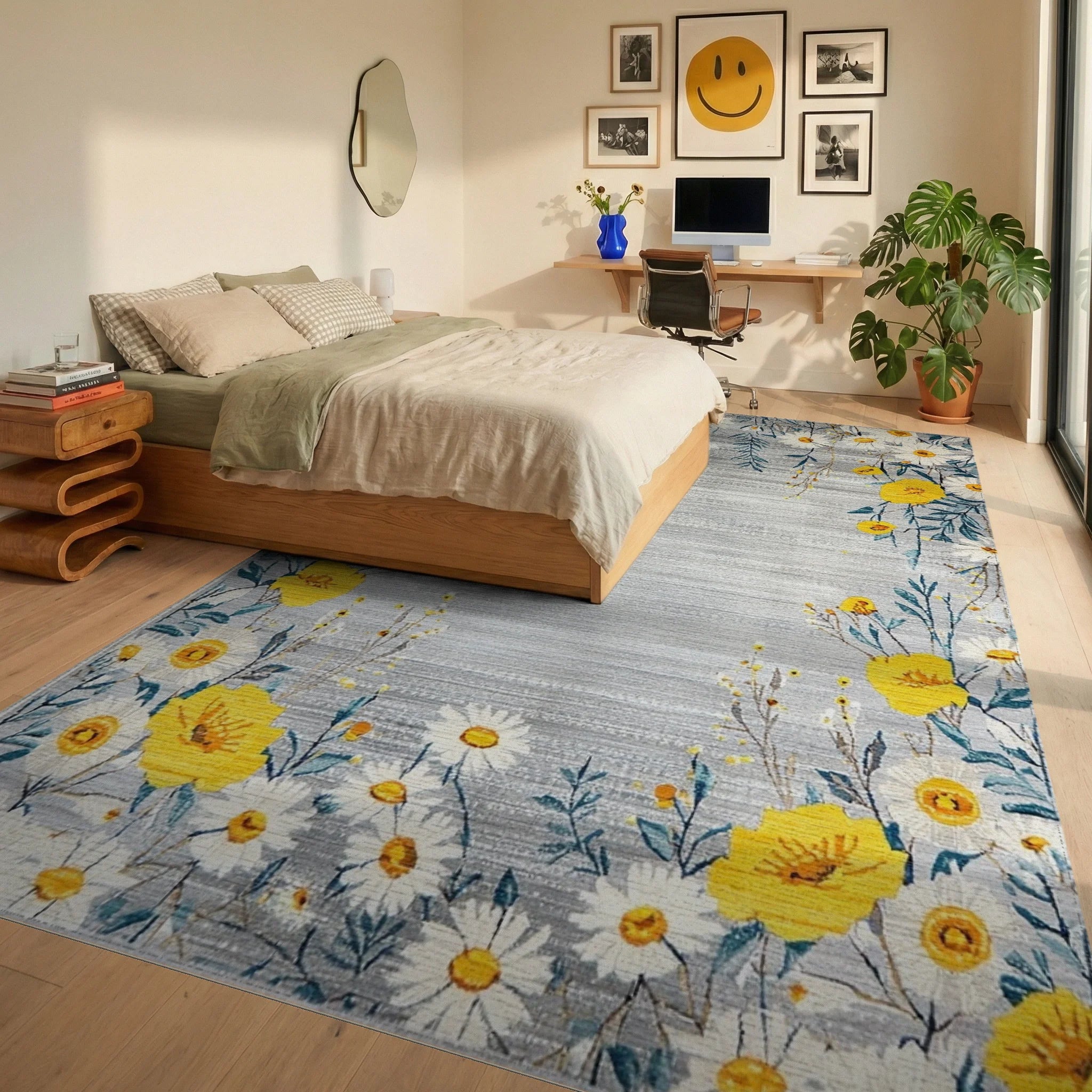 Whimsical Yellow Daisy Meadow Rug - Bedroom View