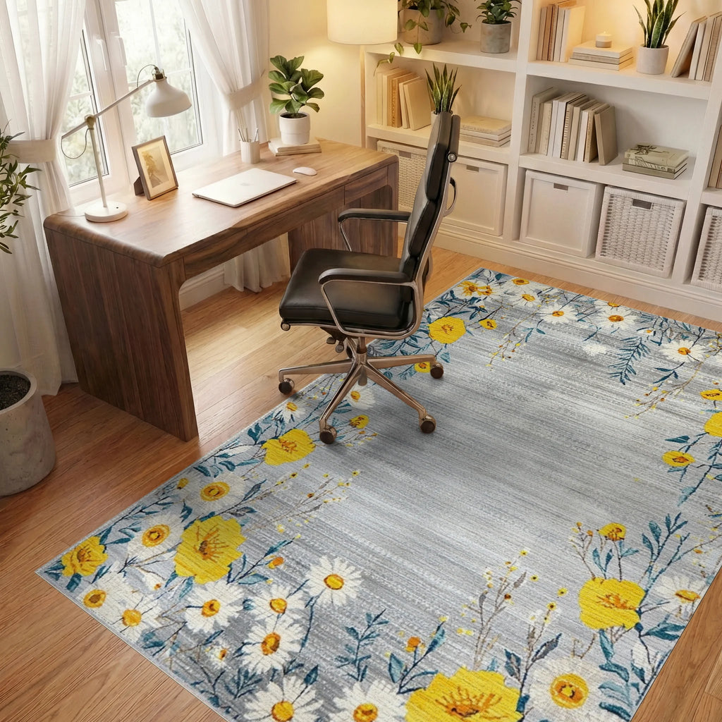 Whimsical Yellow Daisy Meadow Rug - Office View