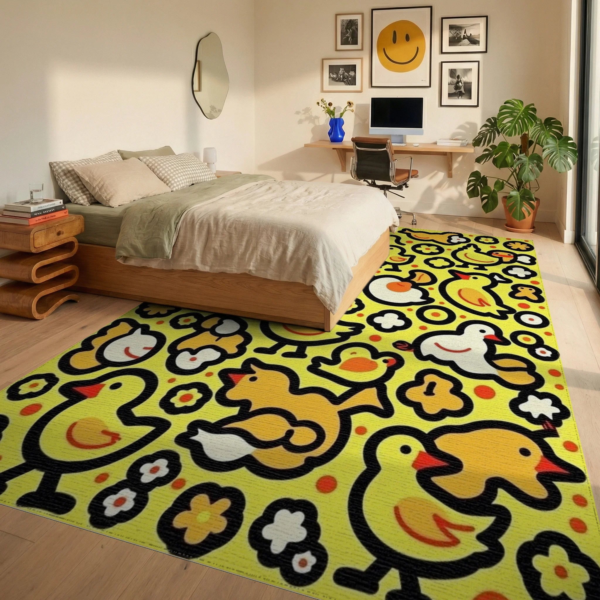 Whimsical Yellow Duckling Flock Together Rug Bedroom View