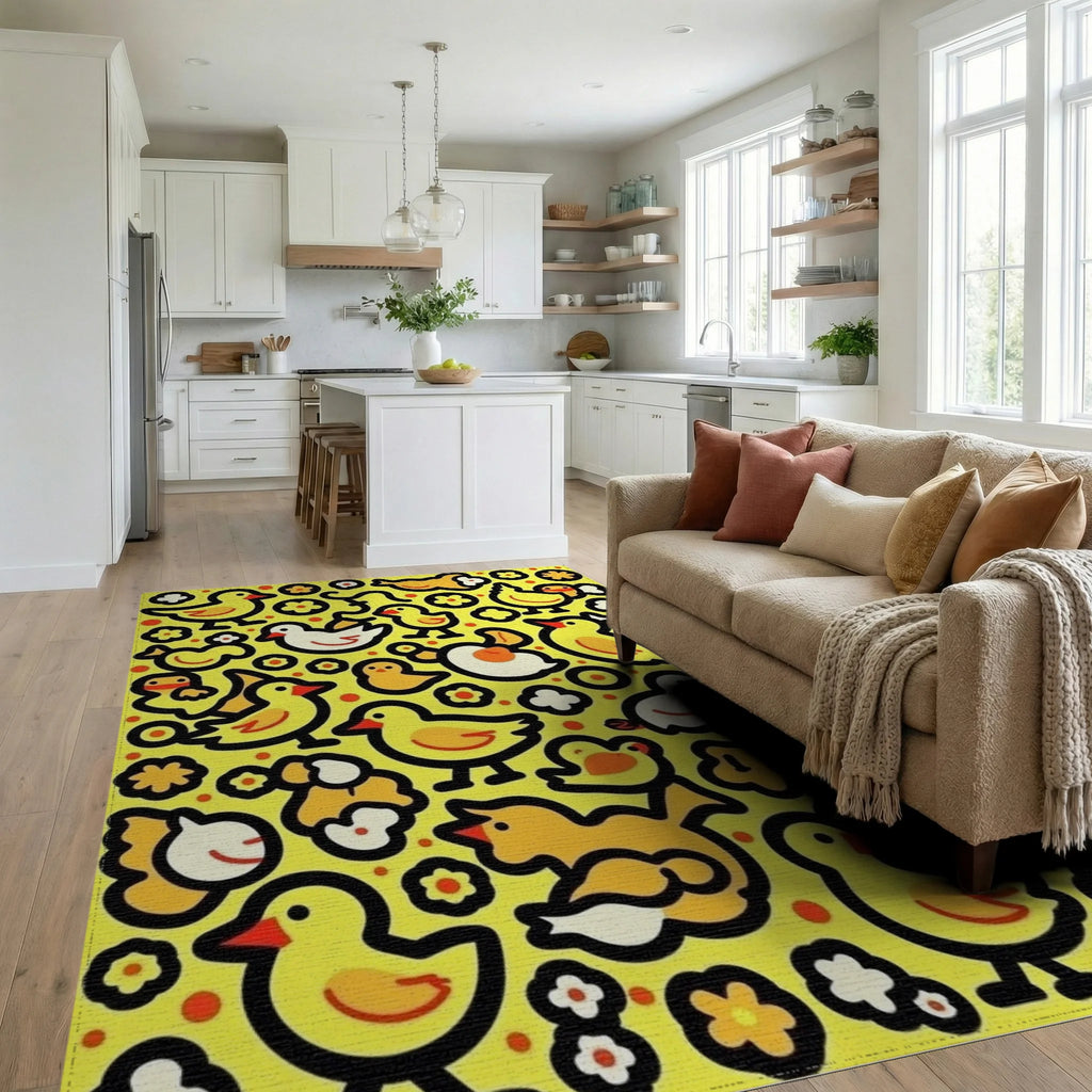 Whimsical Yellow Duckling Flock Together Rug Living Room View