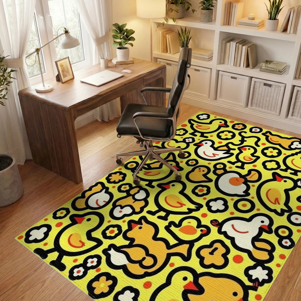 Whimsical Yellow Duckling Flock Together Rug Office View