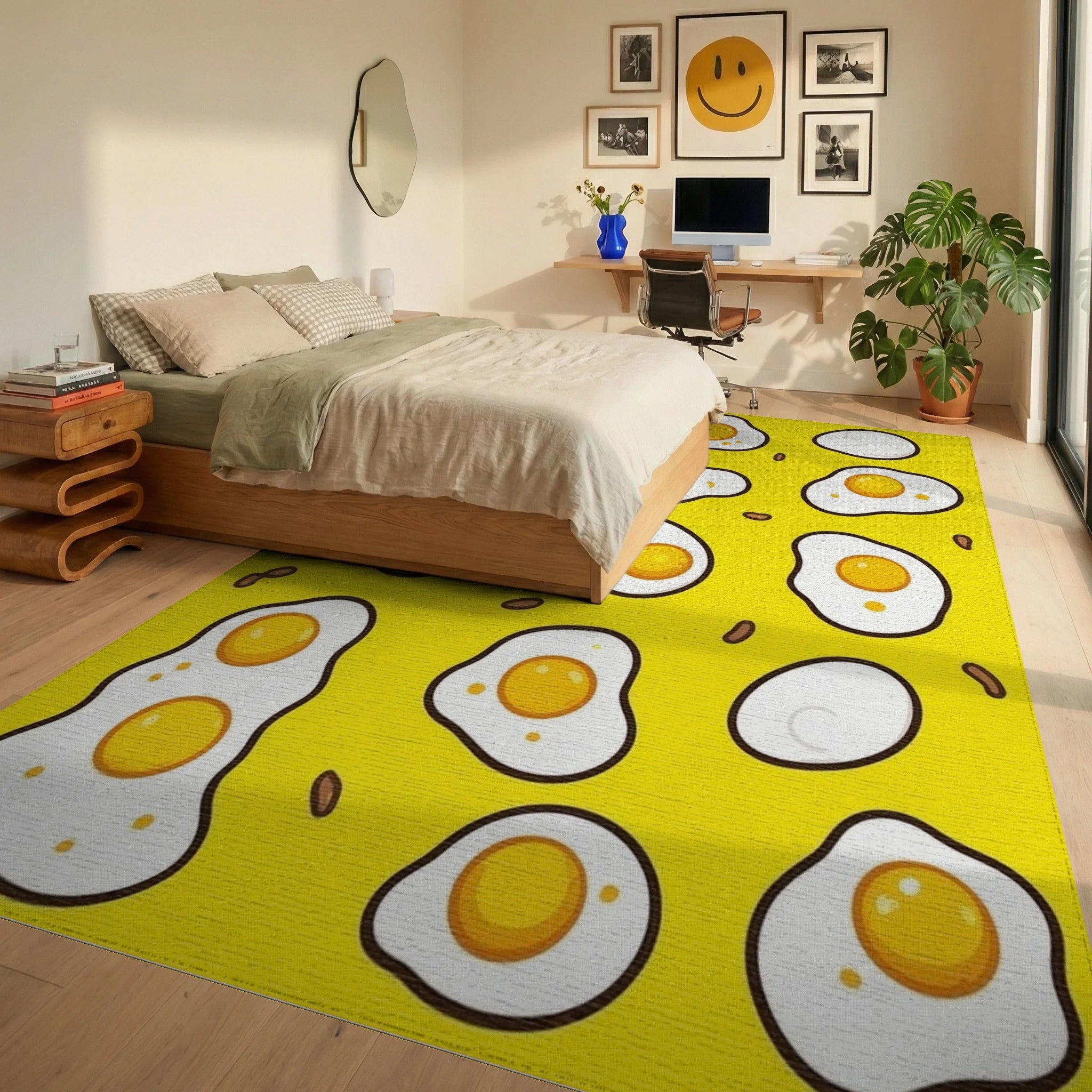 Whimsical Yellow Fried Eggs Rug - Bedroom View