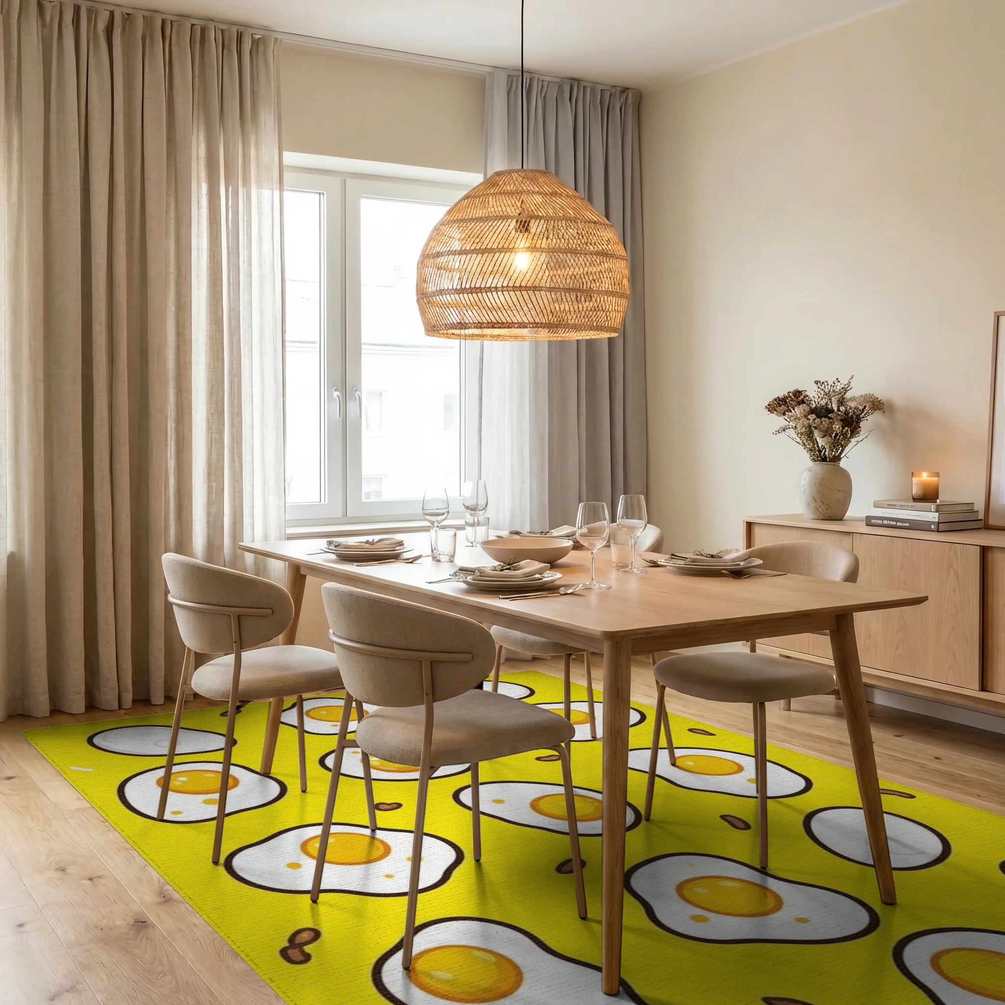 Whimsical Yellow Fried Eggs Rug - Dining Room View