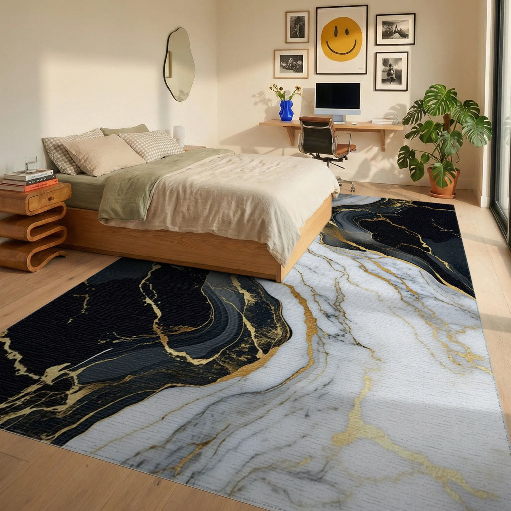 White Black Gold Veined Marble Rug - Bedroom View