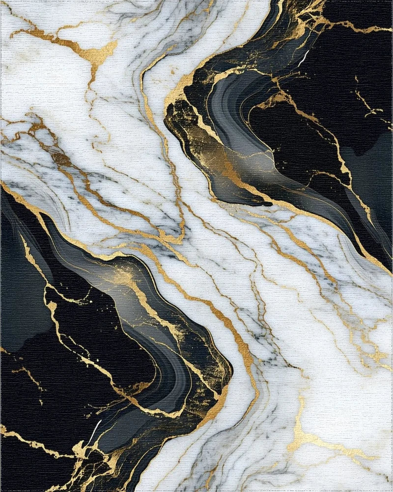 White Black Gold Veined Marble Rug - Cutout View