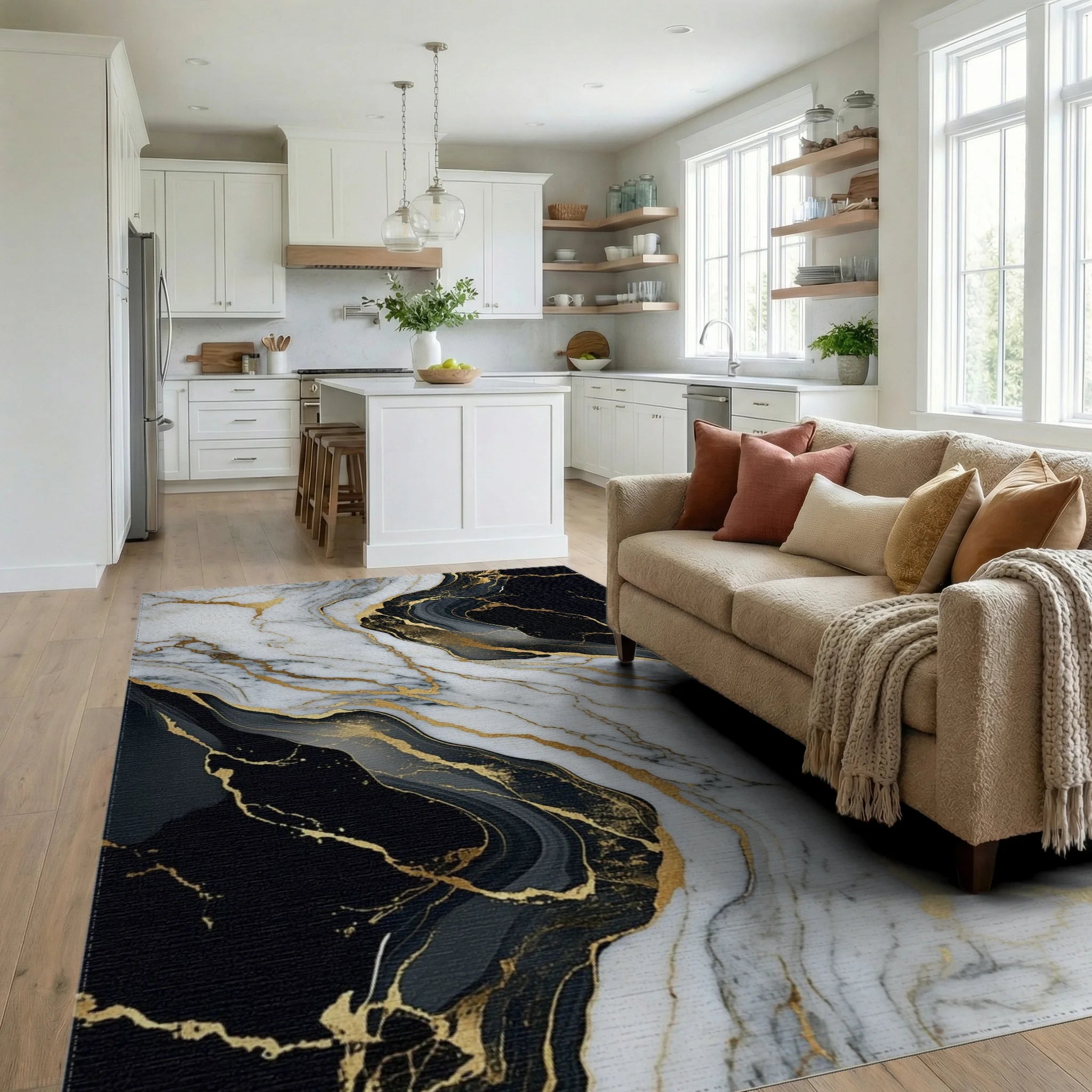 White Black Gold Veined Marble Rug - Living Room View