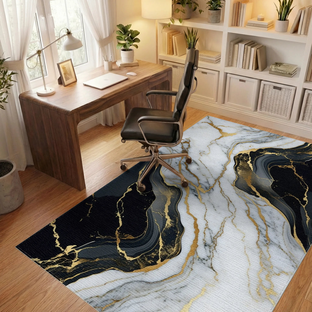 White Black Gold Veined Marble Rug - Office View