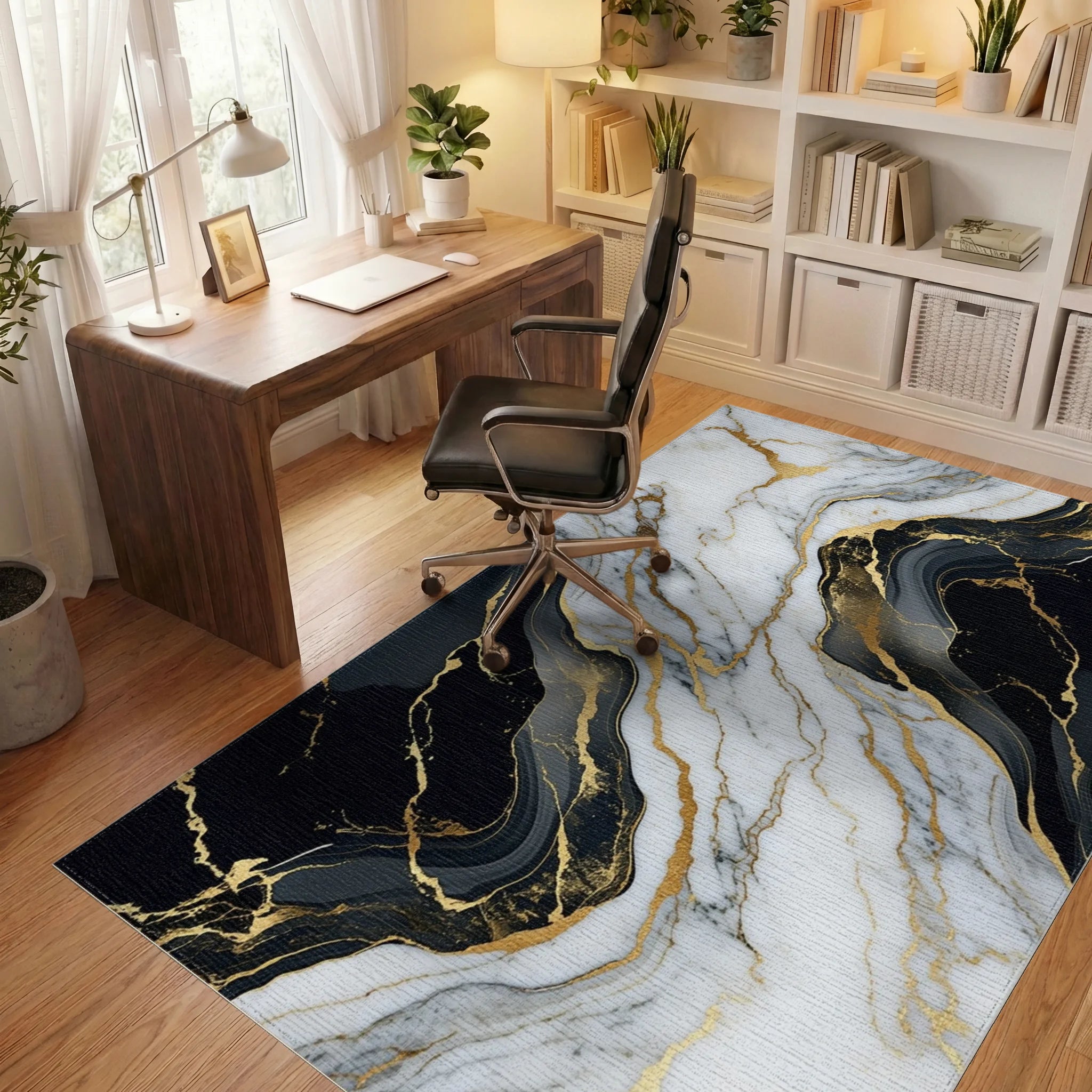 White Black Gold Veined Marble Rug - Office View