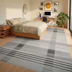 White Grey Plaid Linear Rug - Bedroom View