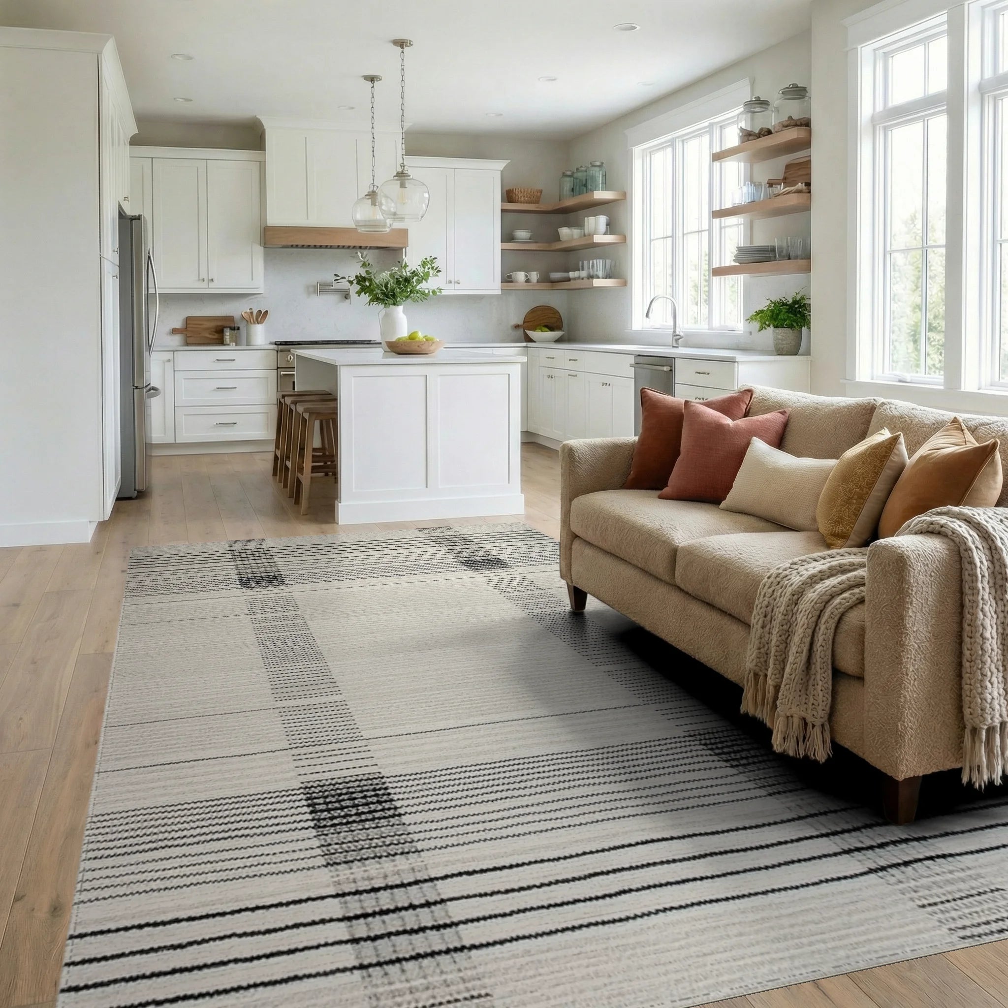 White Grey Plaid Linear Rug - Living Room View