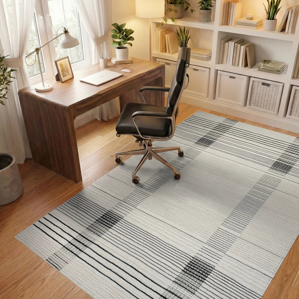 White Grey Plaid Linear Rug - Office View