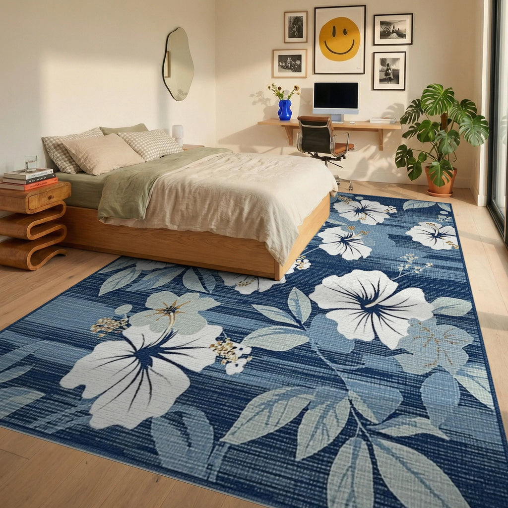 White Hibiscus Floral Navy Stripe Rug - Bedroom View