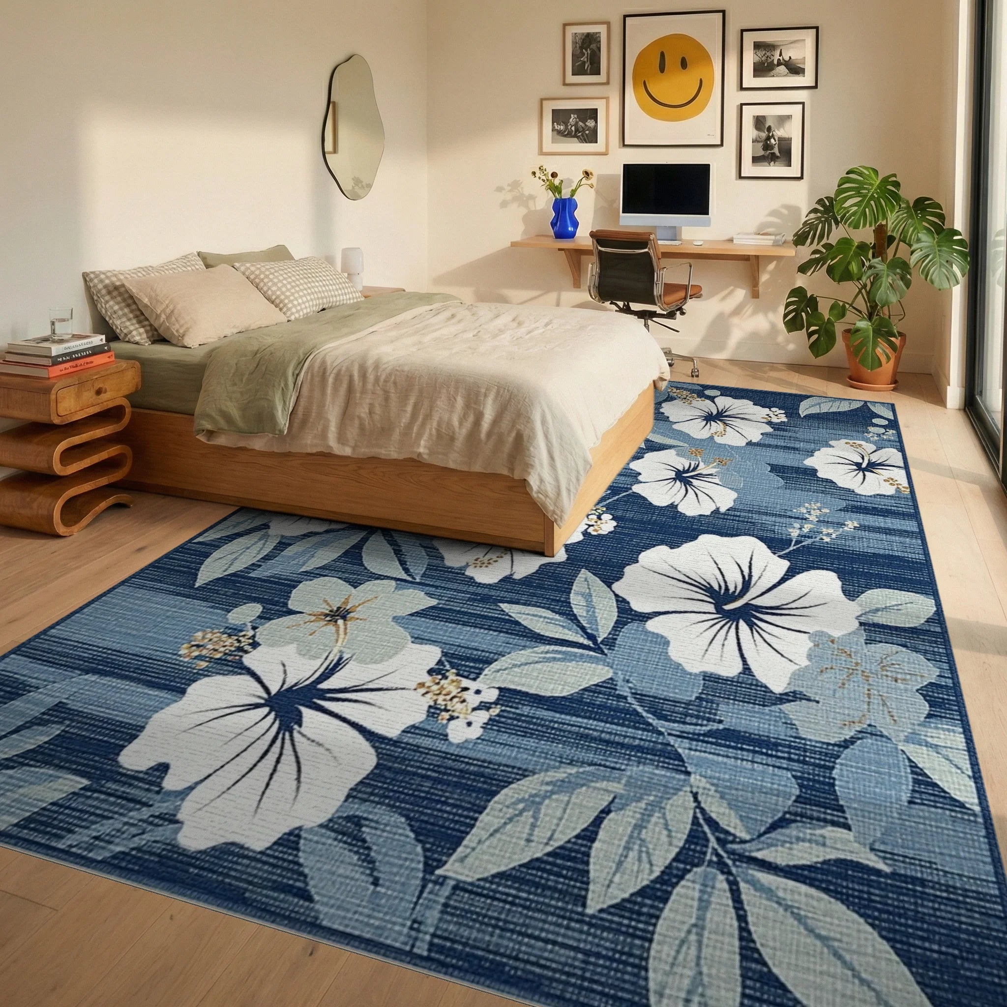 White Hibiscus Floral Navy Stripe Rug - Bedroom View