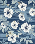 White Hibiscus Floral Navy Stripe Rug - Cutout View