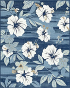 White Hibiscus Floral Navy Stripe Rug - Cutout View