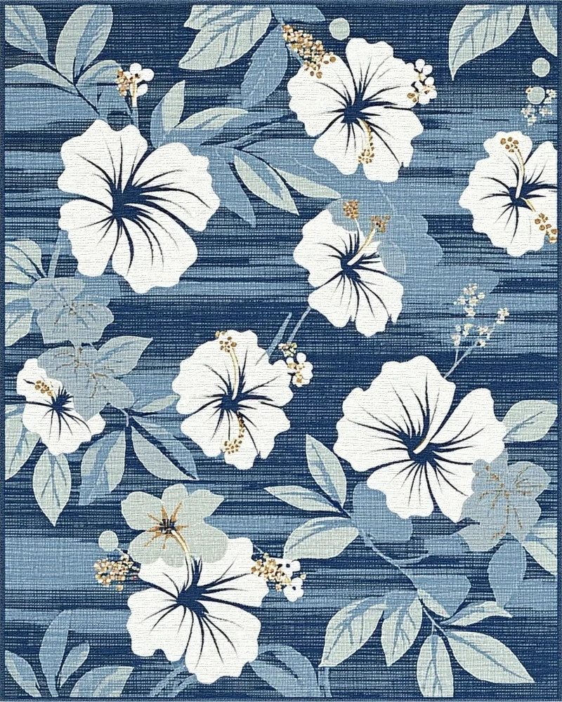 White Hibiscus Floral Navy Stripe Rug - Cutout View