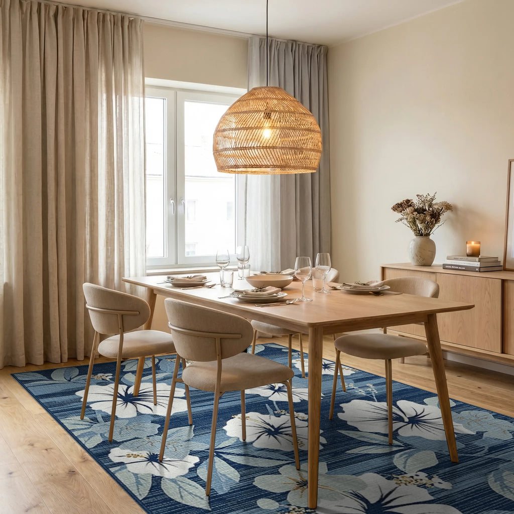 White Hibiscus Floral Navy Stripe Rug - Dining Room View