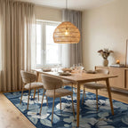 White Hibiscus Floral Navy Stripe Rug - Dining Room View