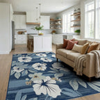 White Hibiscus Floral Navy Stripe Rug - Living Room View