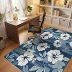 White Hibiscus Floral Navy Stripe Rug - Office View