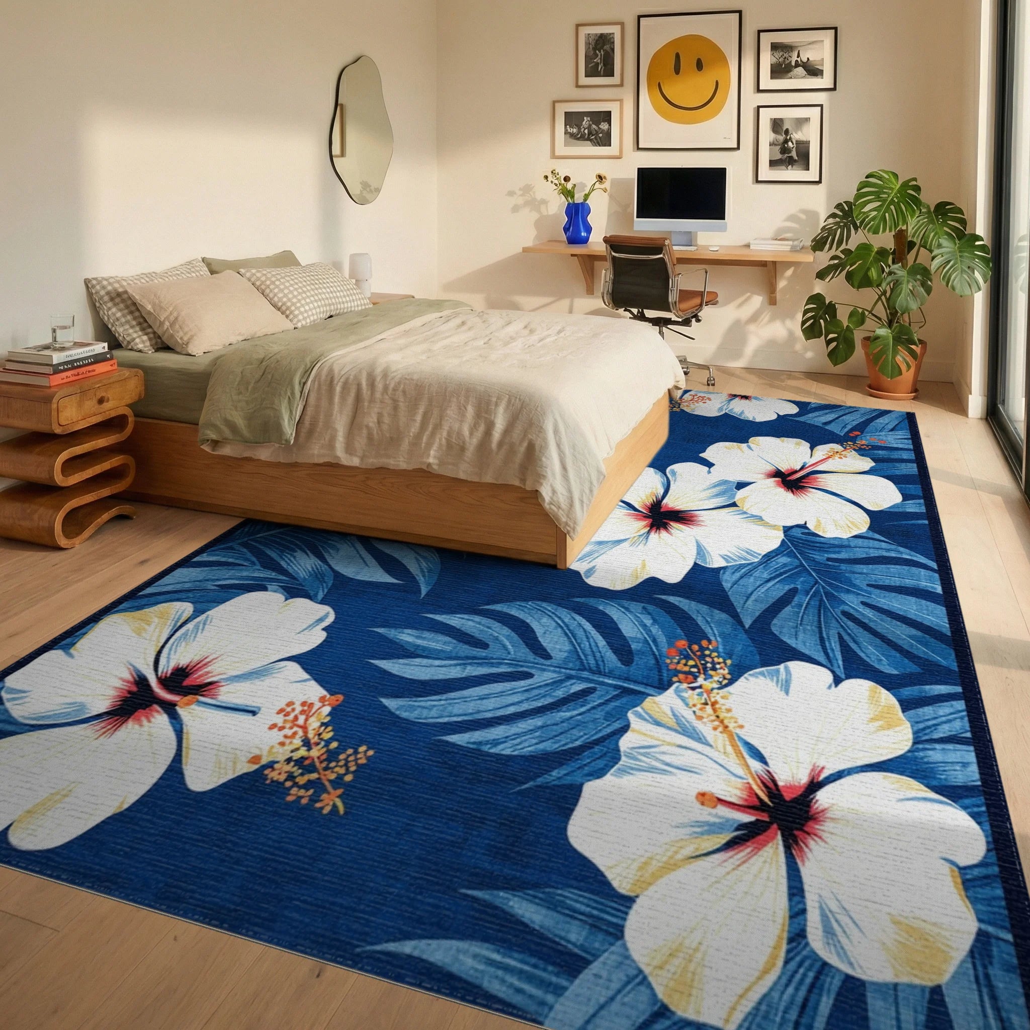 White Hibiscus Tropical Blue Rug - Bedroom View
