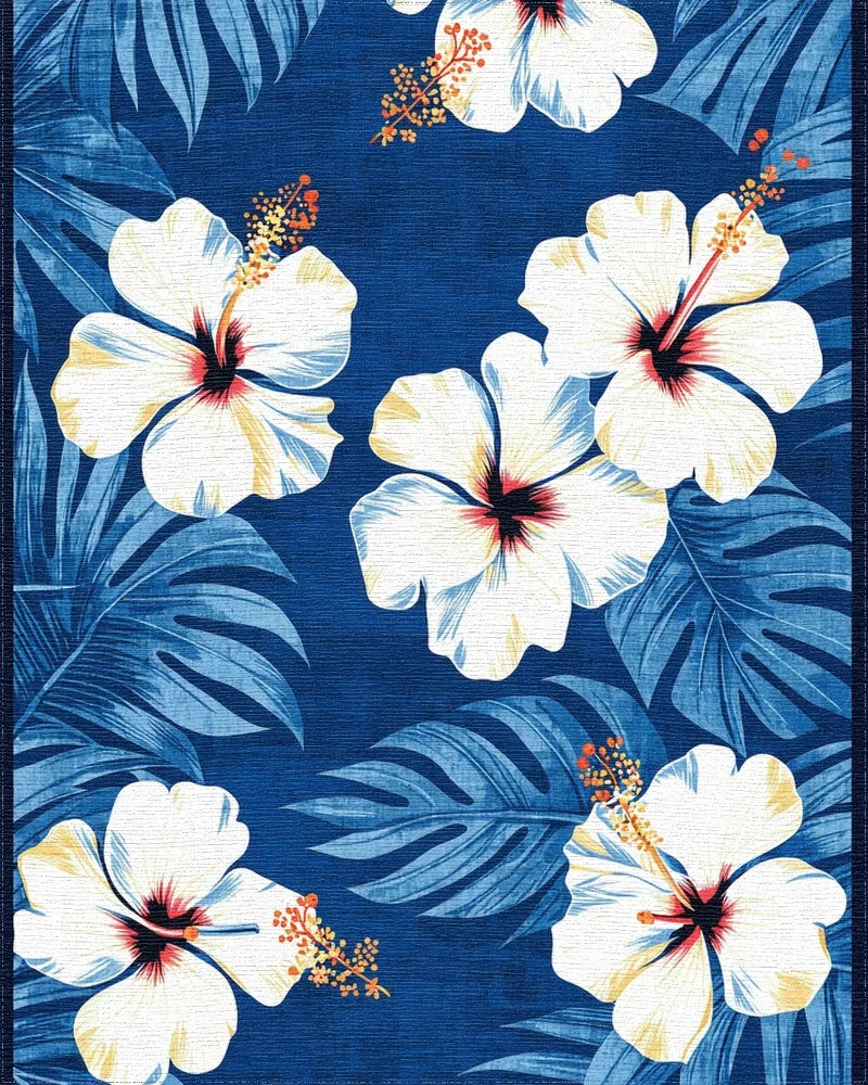 White Hibiscus Tropical Blue Rug - Cutout View