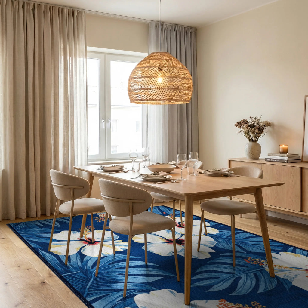 White Hibiscus Tropical Blue Rug - Dining Room View