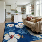 White Hibiscus Tropical Blue Rug - Living Room View