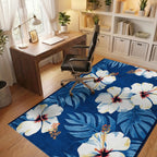 White Hibiscus Tropical Blue Rug - Office View