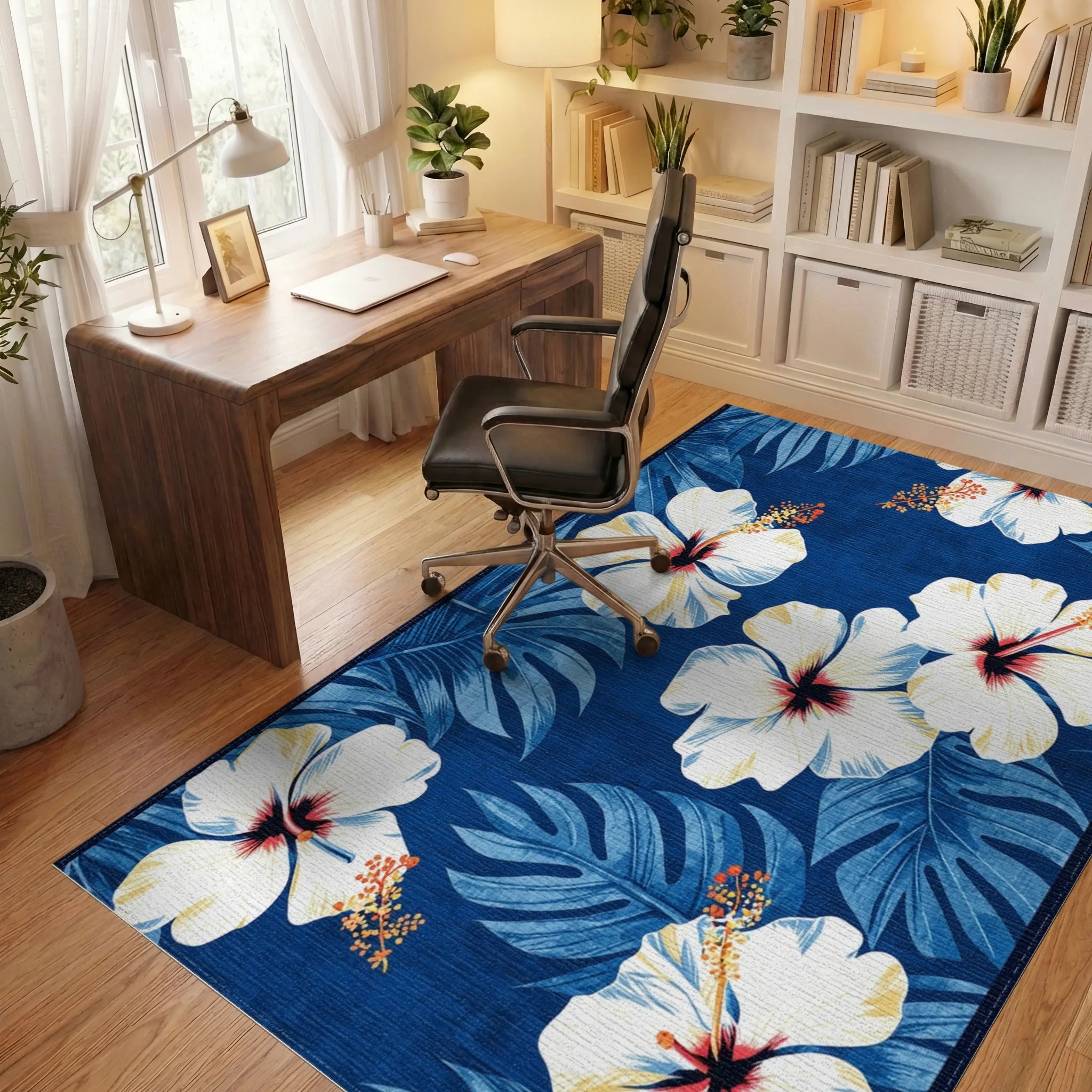 White Hibiscus Tropical Blue Rug - Office View