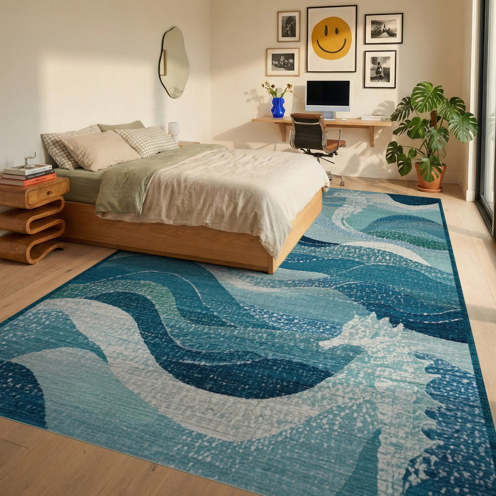 White Seahorse Blue Ocean Waves Rug Bedroom View